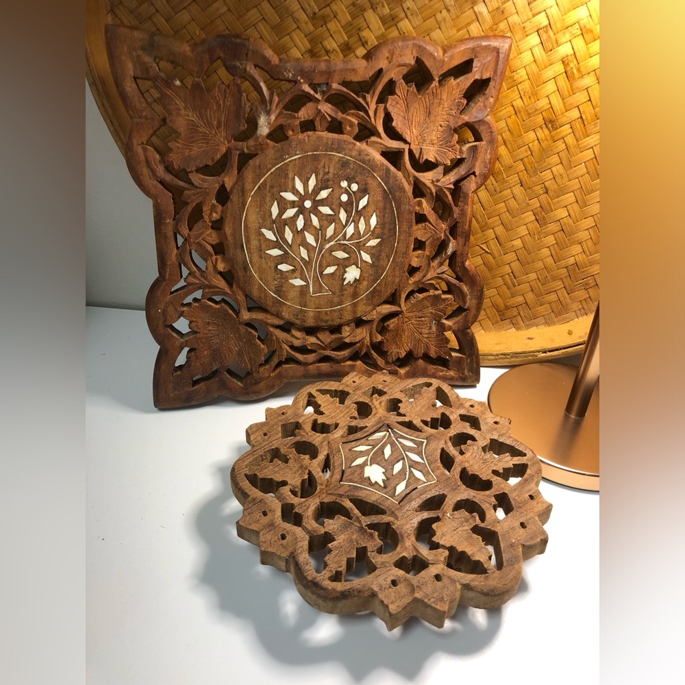 2 Sheesham Wooden Inlaid Footed Trivets Made in India Vintage